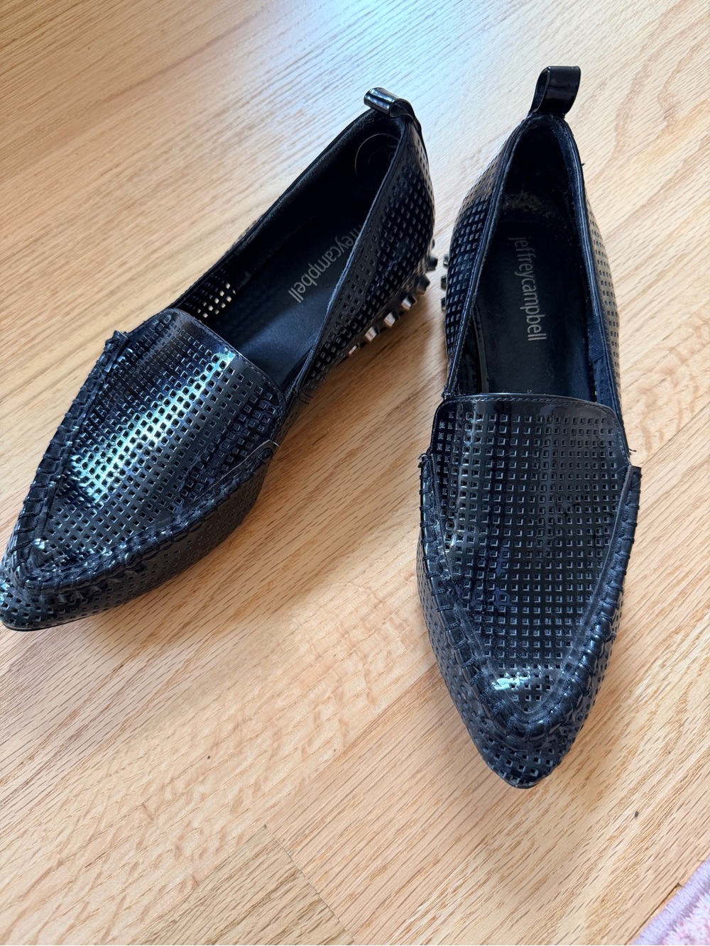 Jeffrey Campbell Black Perforated Pointed Loafers with Studded Heel Trim